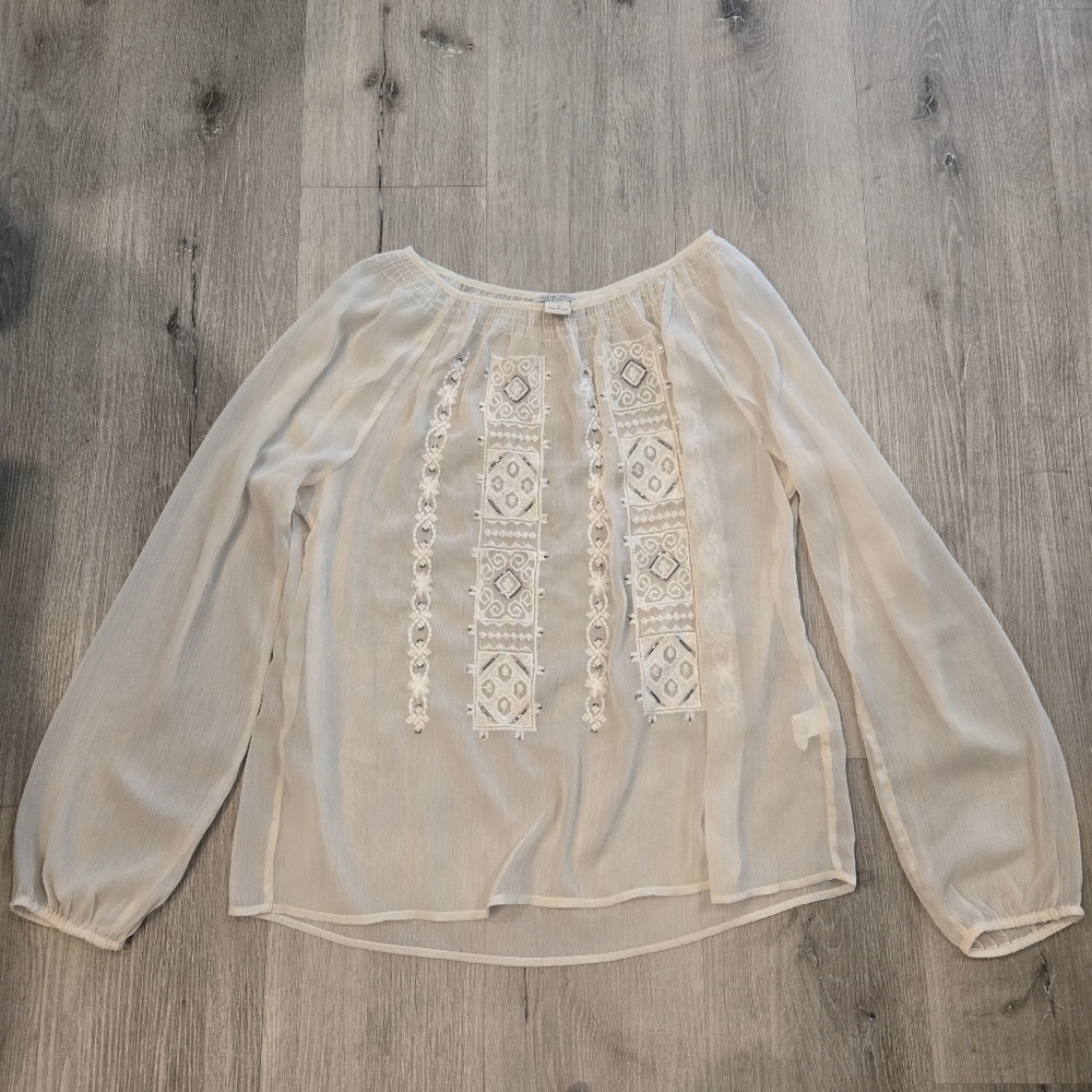 Lucky Brand Long Sleeve Sheer Embellished Blouse Size Medium